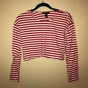 Forever 21 Red and White Cropped Striped T-shirt